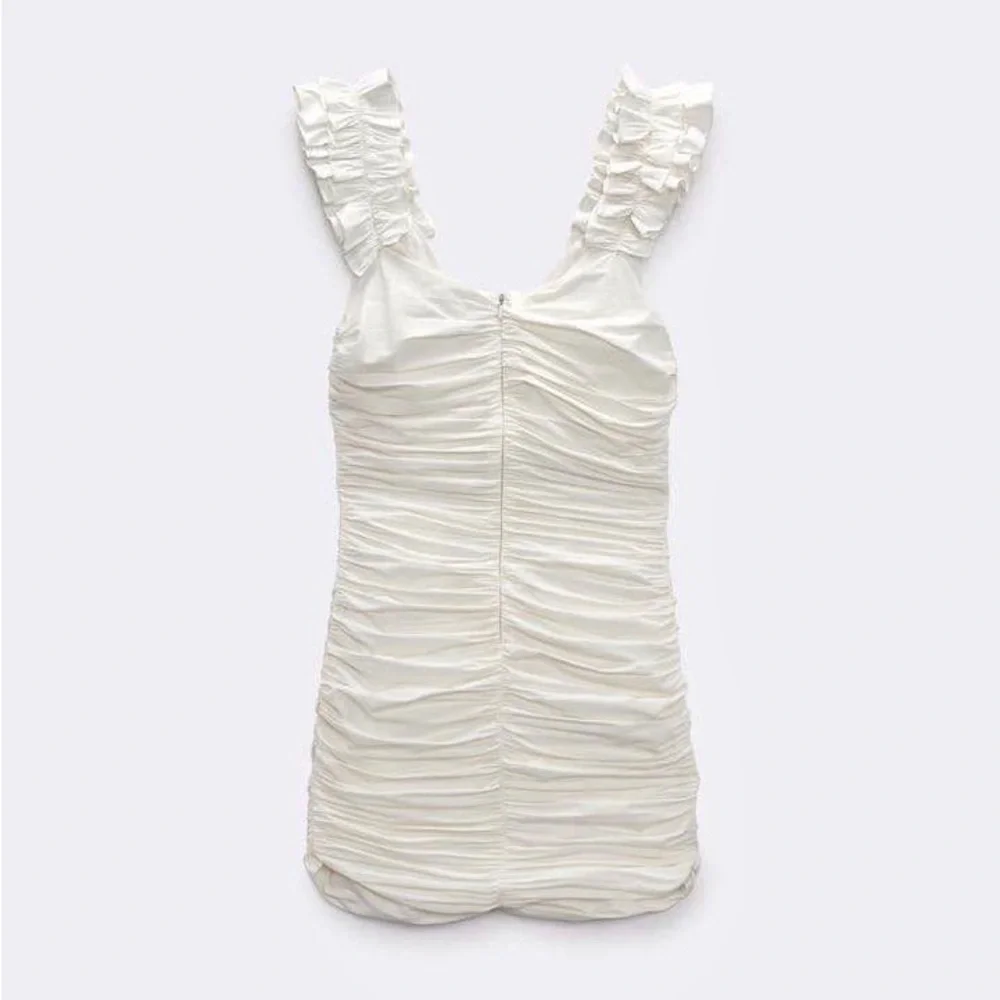 Zara Cream Ruched Mini Dress with Ruffle Straps - Picture 4 of 16